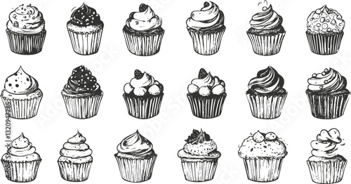 Hand-drawn black and white illustration of various cupcakes in a pattern.