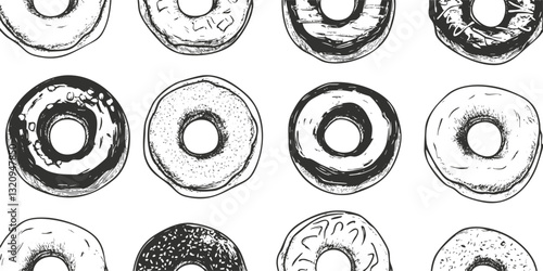 Black and white donut pattern illustration for backgrounds and designs.