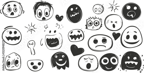 Black and white doodle emoticons with various facial expressions.