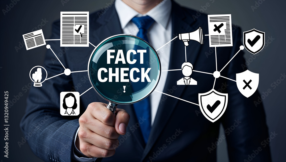Man using magnifier and virtual touch screen sees inscription: FACT CHECK. Concept of thorough fact-checking or easy compare evidence. Fact check, journalist investigation, Man using magnifier and virtual touch screen sees inscription: FACT CHECK. Concept of thorough fact-checking or easy compare evidence. Fact check, journalist investigation,