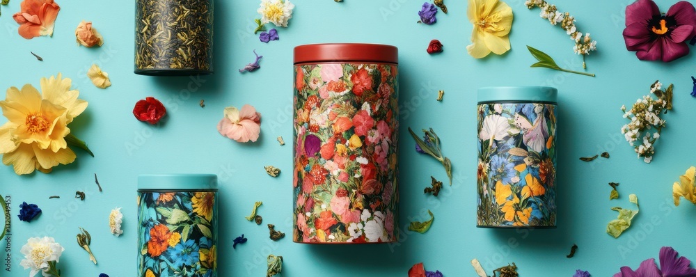 Naklejka premium Colorful floral tea canisters on turquoise surface with assorted blossoms and leaves