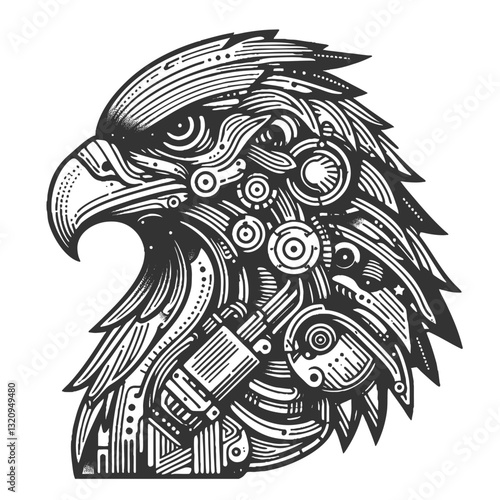 cybernetic robotic eagle head, intricate mechanical details in a sci-fi and steampunk aesthetic sketch engraving generative ai vector illustration. Scratch board imitation. Black and white image.