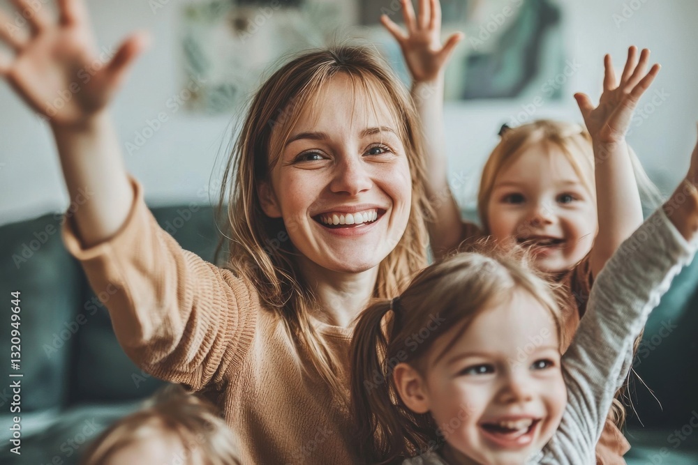 Fototapeta premium A radiant mother and her two cheerful daughters raise their hands in joy, radiating happiness and capturing a moment of pure, unadulterated family bliss.