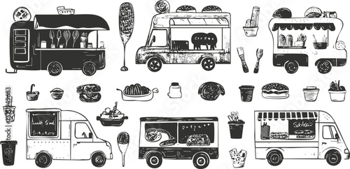 Illustration of various food trucks in black and white vector style.