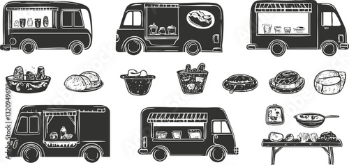 Set of black and white food truck illustrations with various designs.