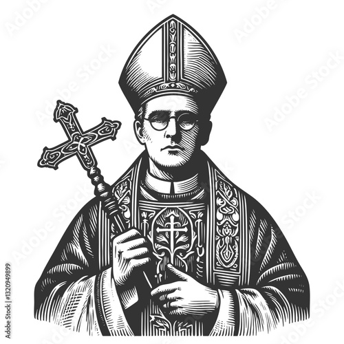bishop in elaborate vestments, holding an ornate cross, symbolizing faith, religion, and spirituality sketch engraving generative ai vector illustration. Scratch board imitation. Black and white image