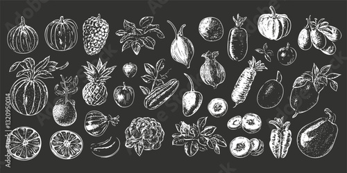Chalk drawing of various fruits and vegetables on a blackboard background.