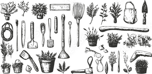 Monochrome illustration of gardening tools and plants in vector style.