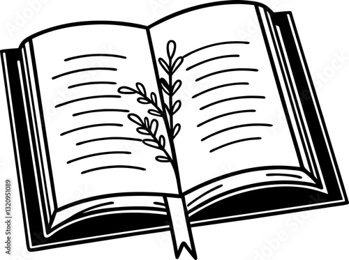 Open book with bookmark and plant illustration literary symbolism, nature intertwined with knowledge