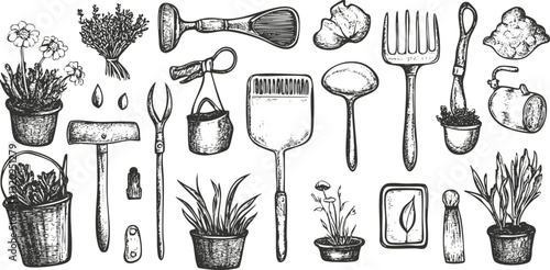 Hand-drawn illustration of gardening tools and plants in black and white.
