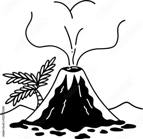 erupting volcano illustration with palm tree and smoke, black and white outline drawing