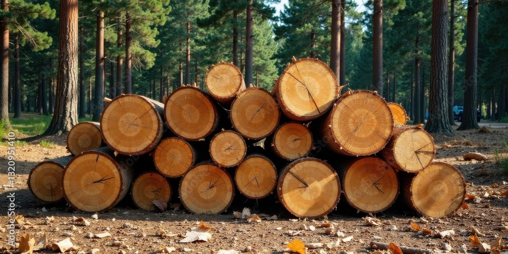 A stack of freshly cut logs rests on the forest floor, surrounded by tall pine trees in a sunny woodland setting. A stack of freshly cut logs rests on the forest floor, surrounded by tall pine trees in a sunny woodland setting.