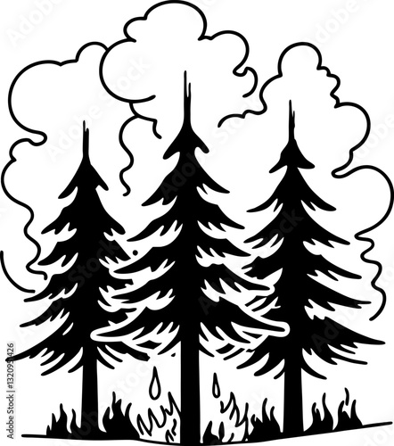 Black and white illustration of forest fire with tall pine trees and smoke