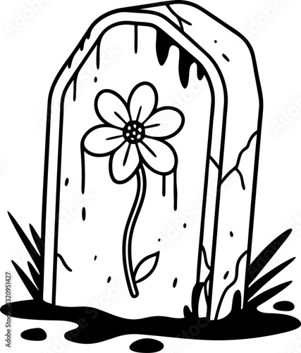 old tombstone with flower engraving, black and white illustration, symbol of remembrance and mortality