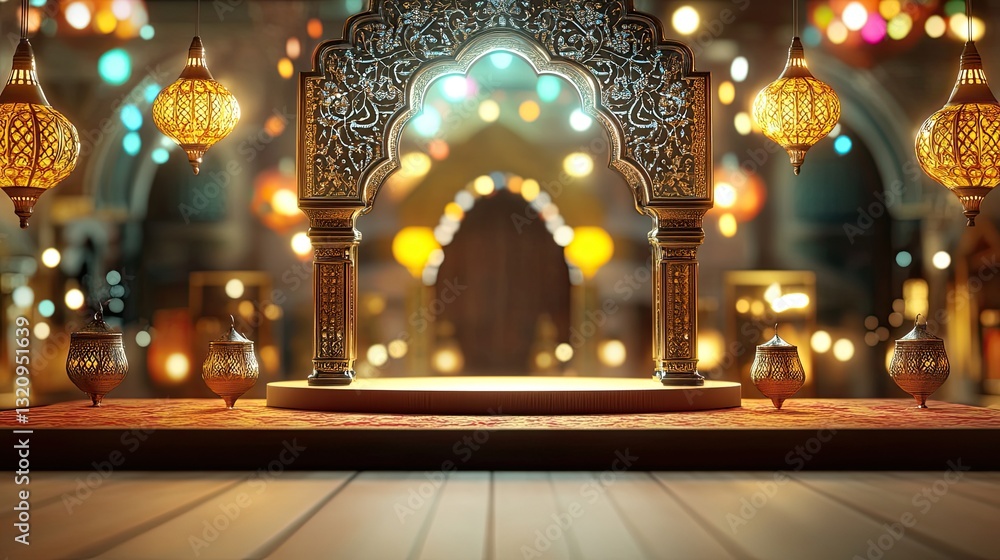 Fototapeta premium 3D Ramadhan podium is in a traditional Ramadan market Show bustling food stalls and glowing lanterns in the background Use mustard yellow, gold, and brown colors Vibrant color
