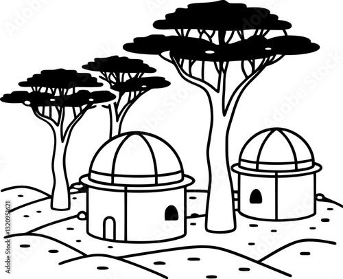 African landscape with baobab trees and traditional huts illustration