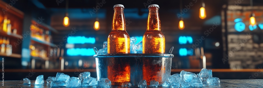 Two Cold Beer Bottles in an Ice Bucket, Capturing Bar Refreshment with Blurry Background Two Cold Beer Bottles in an Ice Bucket, Capturing Bar Refreshment with Blurry Background