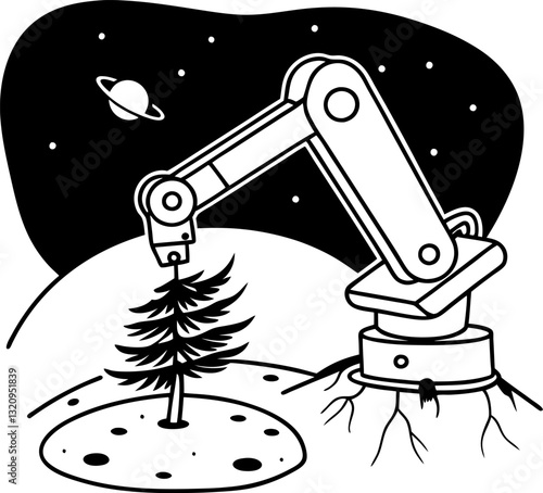robotic arm planting tree on extraterrestrial surface, futuristic space colonization concept