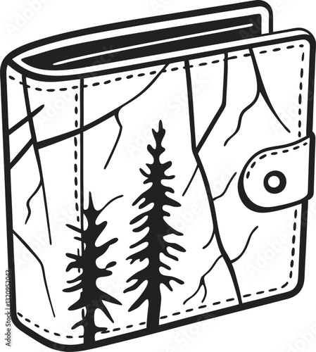 Illustration of leather wallet with tree design, nature inspired accessory, unique fashion