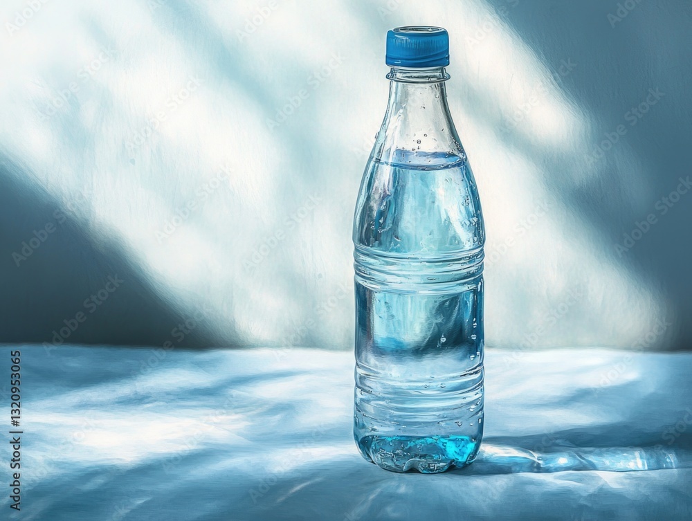 A plastic water bottle sitting on the edge of a bed, possibly left there after someone has been drinking or taking medication