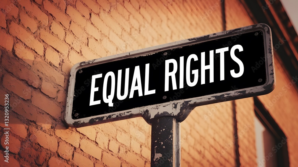 Rustic black street sign displaying Equal Rights in white, affixed to a classic urban brick wall with a rough, aged surface. Rustic black street sign displaying Equal Rights in white, affixed to a classic urban brick wall with a rough, aged surface.