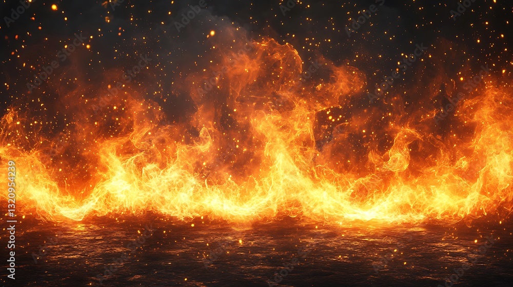 Glowing fire with orange and yellow flames dancing against a dark black background Glowing fire with orange and yellow flames dancing against a dark black background
