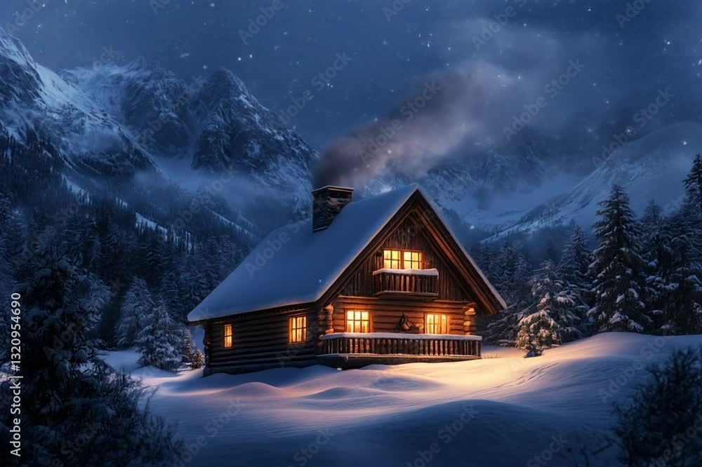 A cozy cabin in the mountains, warm glowing lights from the windows, snowfall gently covering the wooden roof, smoke coming from the chimney, winter night A cozy cabin in the mountains, warm glowing lights from the windows, snowfall gently covering the wooden roof, smoke coming from the chimney, winter night
