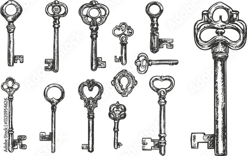 A collection of vintage keys illustrated in black and white.