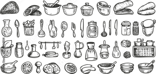 Hand-drawn kitchen utensils and ingredients illustration in vintage style.