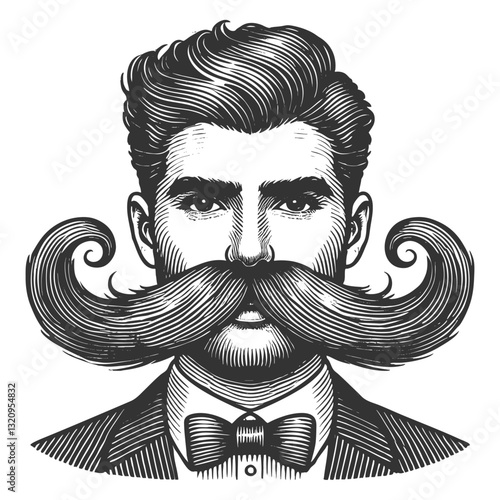 gentleman with an exaggerated, curled mustache, blending classic portraiture with humorous and artistic surrealism sketch engraving generative ai vector illustration. Scratch board. Black and white.