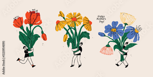 Trendy Mother's Day card, banner, poster, flyer, label or cover illustrations with young girl and boys with flowers. Spring summer bright abstract floral design template for ads promo.