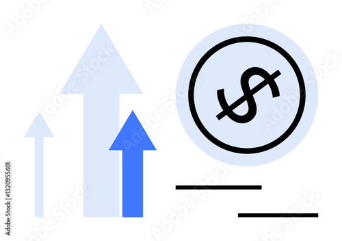 Upward arrows of varying sizes symbolize growth alongside a dollar sign inside a coin. Ideal for finance, success, investment, profitability, revenue, business development, and growth iconography