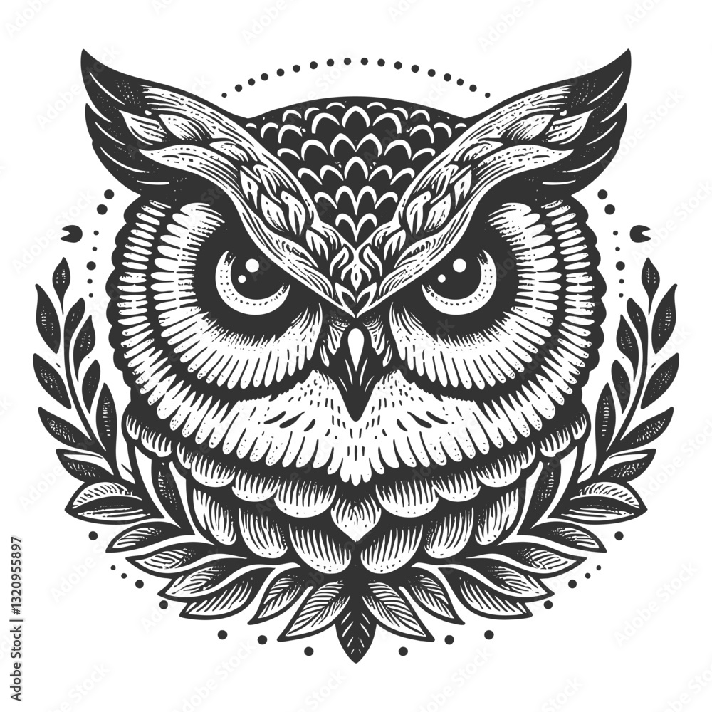 owl face with large, expressive eyes and intricate feather patterns, evoking wisdom and nature in a vintage style sketch engraving generative ai vector illustration. Scratch board. Black and white. owl face with large, expressive eyes and intricate feather patterns, evoking wisdom and nature in a vintage style sketch engraving generative ai vector illustration. Scratch board. Black and white.