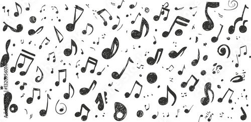 Hand-drawn music notes pattern in black and white doodle style.