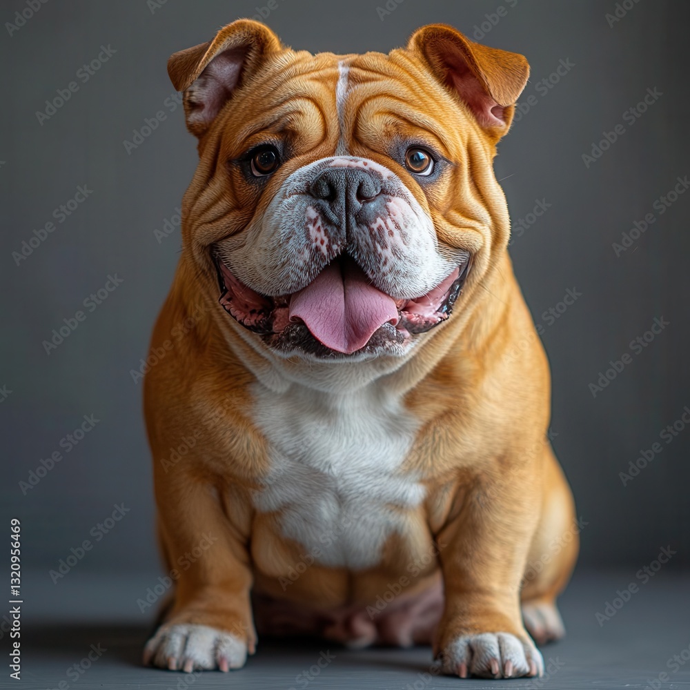 English Bulldog sitting on a dark background, showing the entire body, looking directly at the camera. Copy space for texts English Bulldog sitting on a dark background, showing the entire body, looking directly at the camera. Copy space for texts