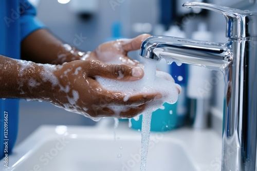 A healthcare worker thoroughly washes their hands with soap, underscoring the significance of hygiene practices in preventing infections and ensuring patient safety in medical environments.