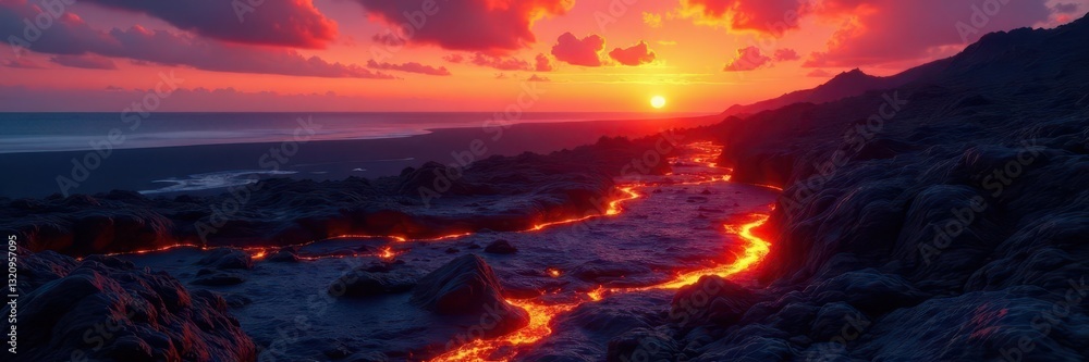 Jagged black lava contrasts vibrant sunset, orange lava flows brightly , igneous, Hawaii Jagged black lava contrasts vibrant sunset, orange lava flows brightly , igneous, Hawaii