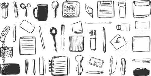 Illustration of various office supplies and stationery items in a sketch style.