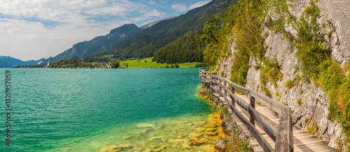 wooden walkway by the rock around Lake Wolfgangsee, Sankt Wolfgang, Austria