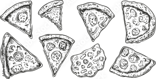 Hand-drawn sketch of various pizza slices on white background.