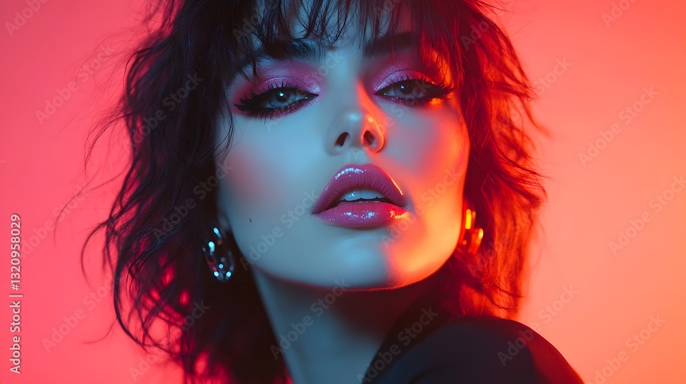 Captivating Futuristic Beauty Portrait with Bold Makeup and Neon Lighting Captivating Futuristic Beauty Portrait with Bold Makeup and Neon Lighting