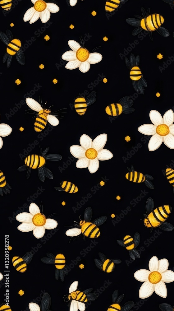 Vibrant bees buzzing around colorful flowers on a black background showcasing nature's beauty and pollination activity Vibrant bees buzzing around colorful flowers on a black background showcasing nature's beauty and pollination activity
