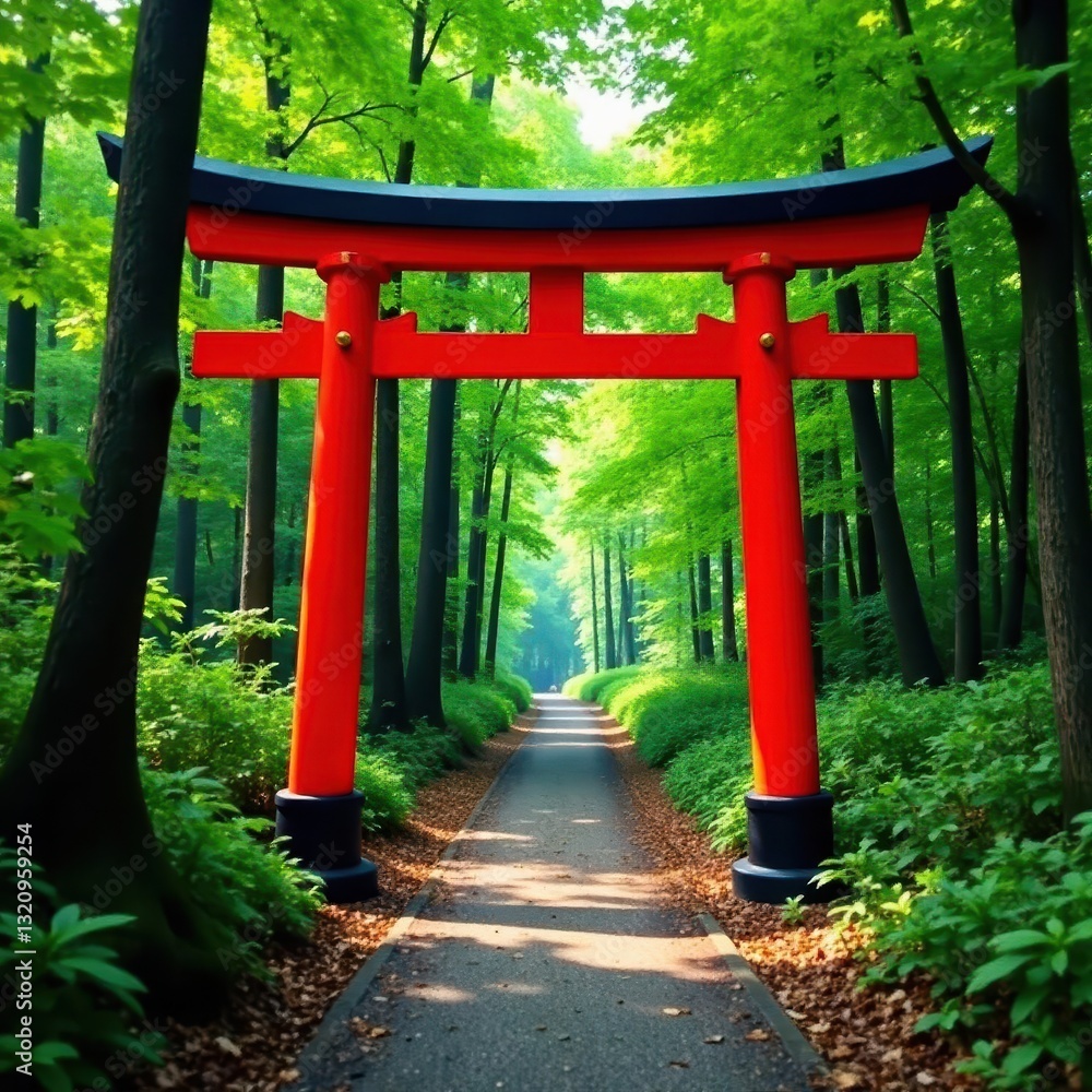 Verdant forest path framed by vibrant red torii gate , traditional, zen, sunlight