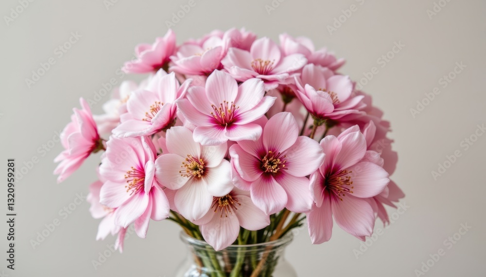 Fototapeta premium The blooming sakura bouquet in a clear glass vase radiates a delicate and graceful beauty, with each flower bursting open in vibrant shades of pink and white