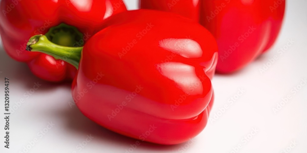 Vibrant red bell pepper, glossy skin, smooth texture, studio shot, white background, color Vibrant red bell pepper, glossy skin, smooth texture, studio shot, white background, color