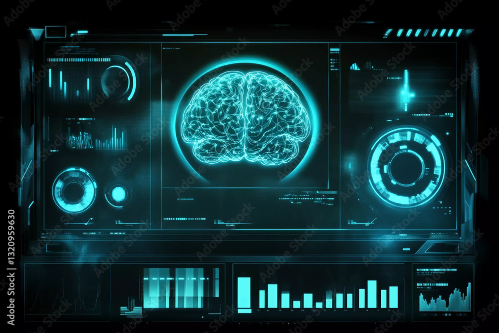Fototapeta premium Futuristic brain scan interface reveals activity and neural pathways with advanced diagnostics and statistical analysis displayed in teal hues
