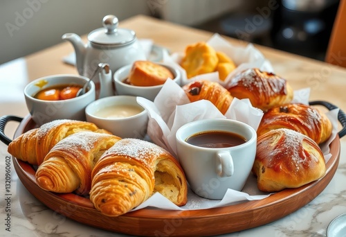 Cafeteria tray laden with warm homemade scones & croissants, crumbly, fresh