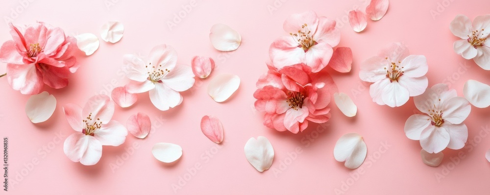 Pink and white cherry blossoms with petals on light pink background Pink and white cherry blossoms with petals on light pink background