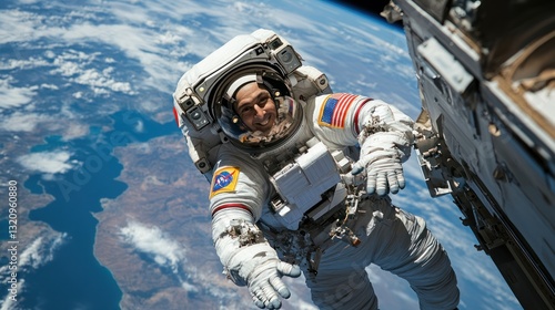 Fototapeta Naklejka Na Ścianę i Meble -  An astronaut floating near a space station with Earth visible