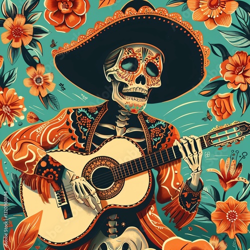 Colorful Skeleton Playing Guitar Surrounded by Vibrant Flowers